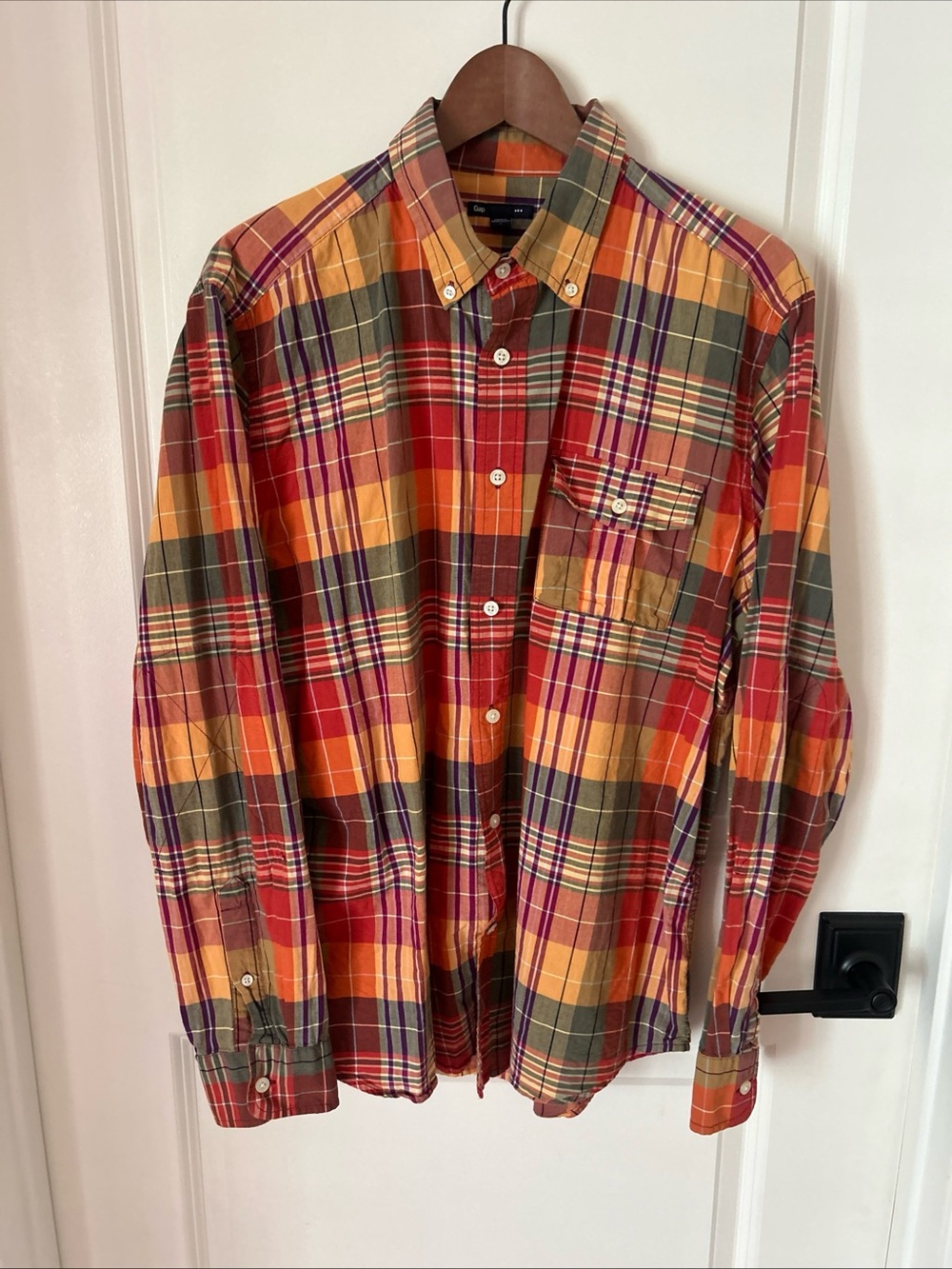 GAP Mens L Madras Plaid Button Down Elbow Stitched Orange Colorful Preppy Shirt